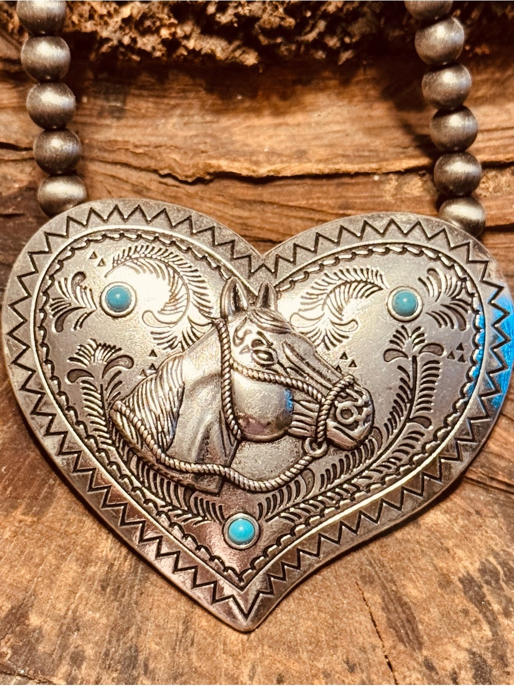Silver-Tone Heart Horse Pendant Necklace with Turquoise Accents
